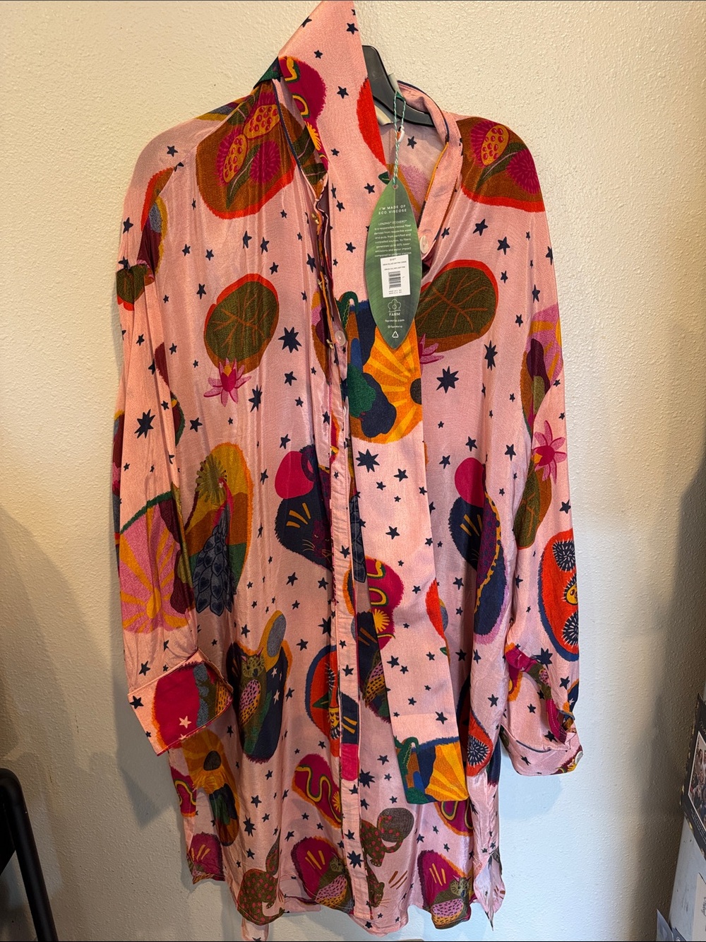 Farm Rio Dream Collage Light Pink Chemise Shirt Dress (NWT)